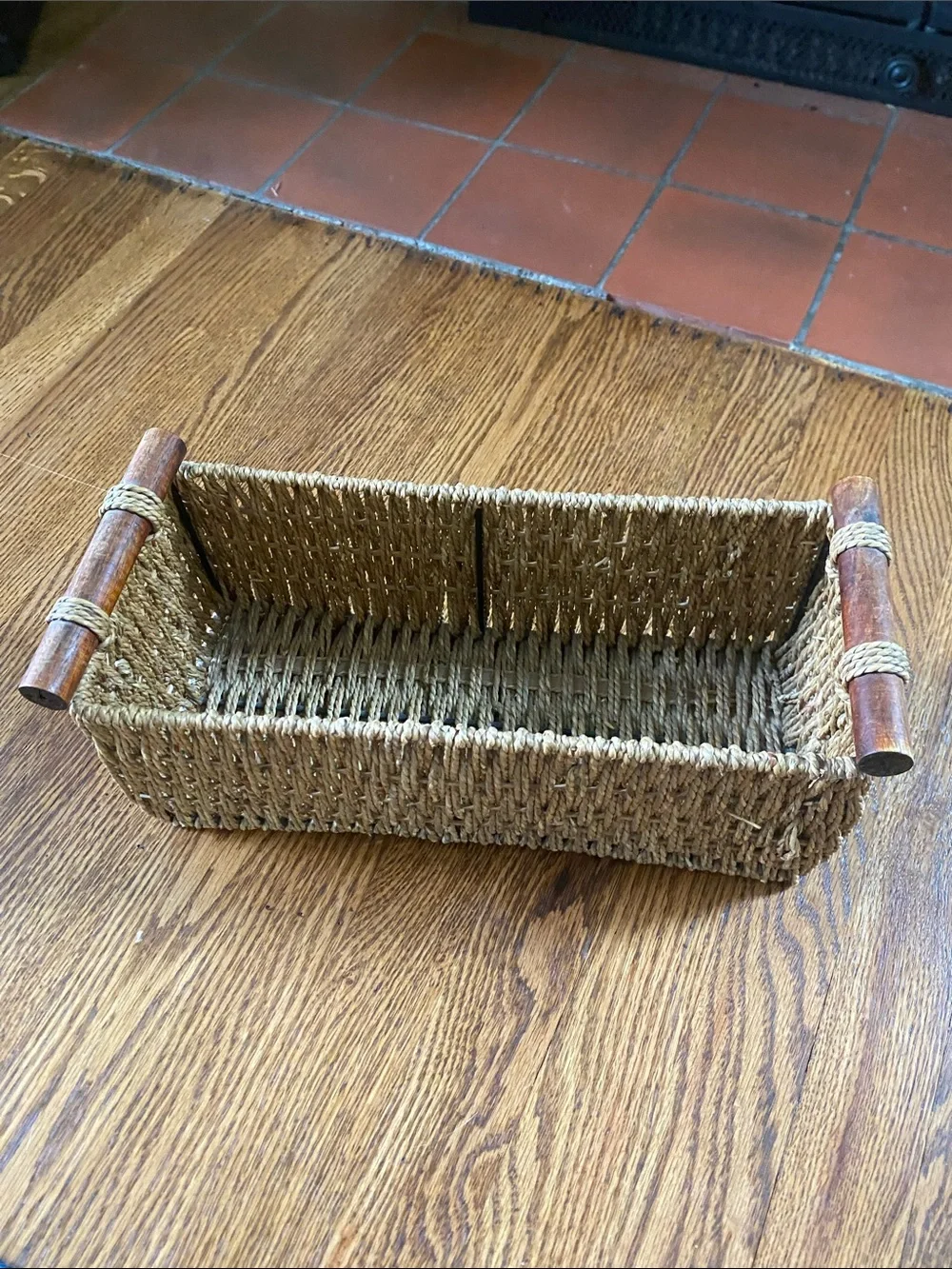 Handwoven Seagrass and Wood Handle Storage Basket